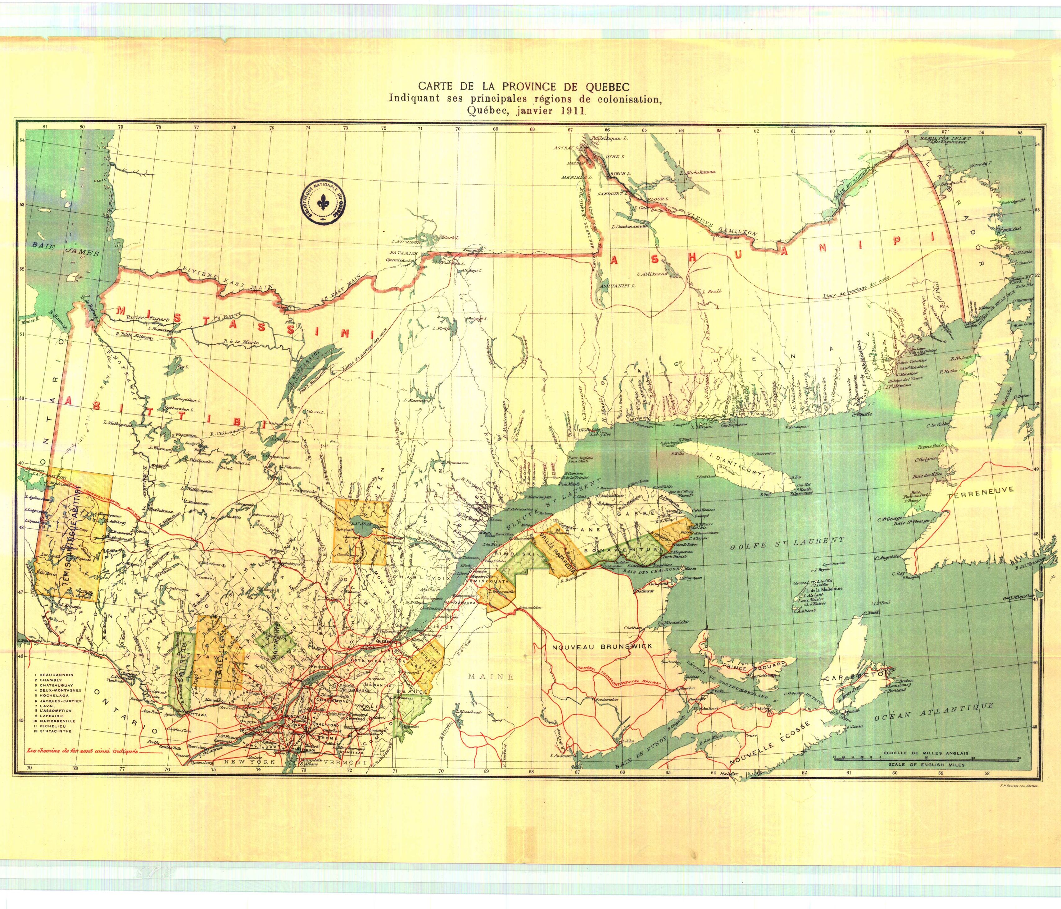 Carte géographique détaillée de la province de Québec indiquant ses principales régions de colonisation