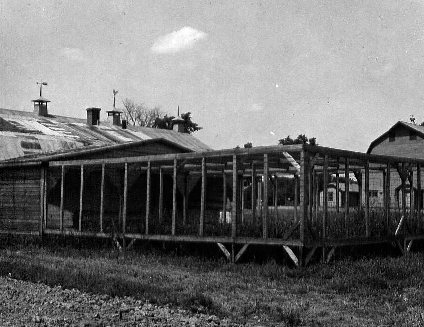 Bâtiment photographié lors d'un reportage sur l'industrie avicole à St-Hyacinthe en 1947