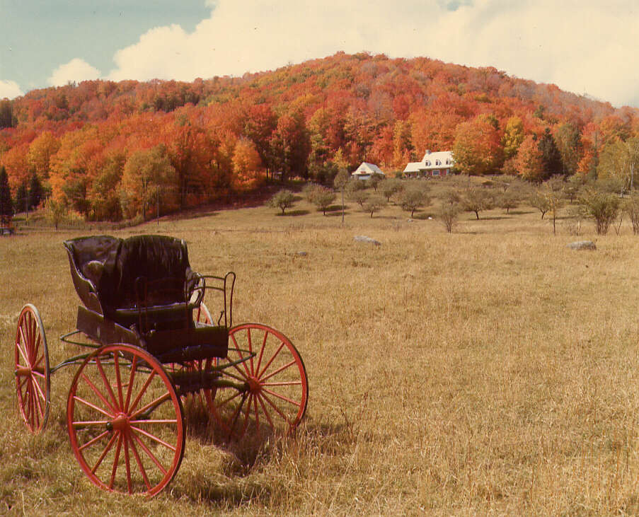 Une voiture à chevaux photographiée en automne dans les Cantons de l'Est, 1975